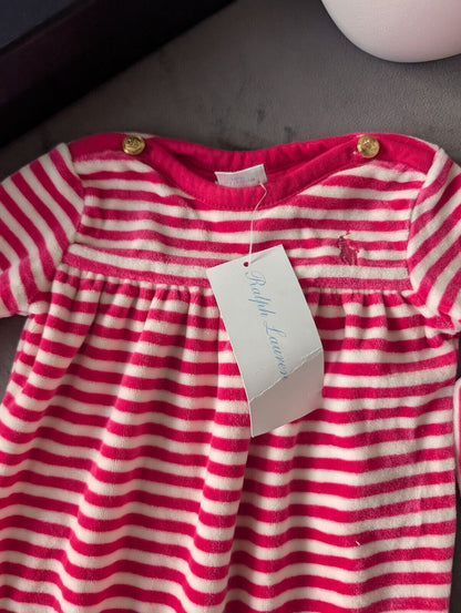 New Ralph Lauren baby girls stripe all in one babygrow Fleece Soft gift 3m Pink