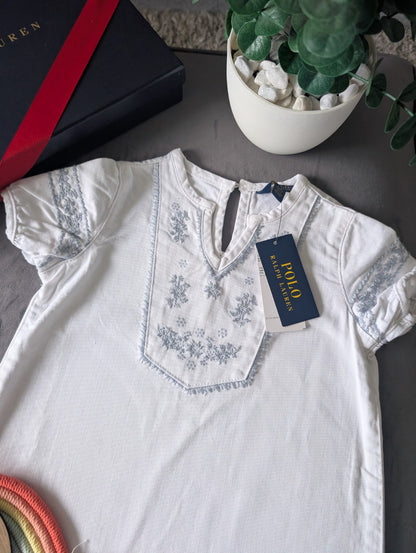 New Ralph Lauren Baby Girls Denim Kaftan Dress White Embroidery Occasion 3-4y