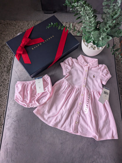 New Ralph Lauren Baby Girl Oxford Mesh Dress & Bloomer Carmel Pink 6-9m Gift