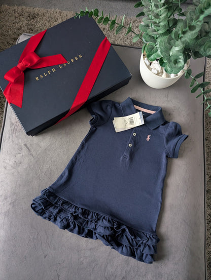 New Ralph Lauren Cupcake Navy Blue Baby Girls Frill  Polo Dress 9-12 Months Gift