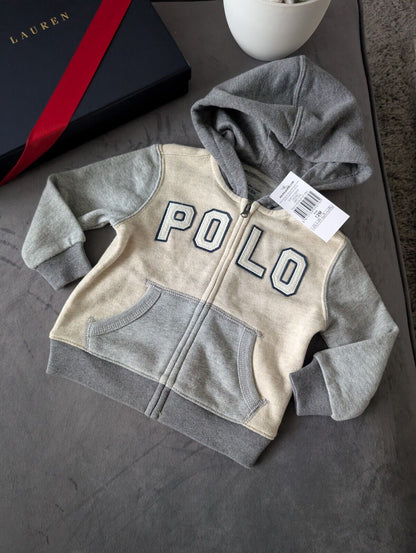 New Ralph Lauren Baby Boys Grey Ivory Hoodie Navy Multi 12m Gift Full Zip