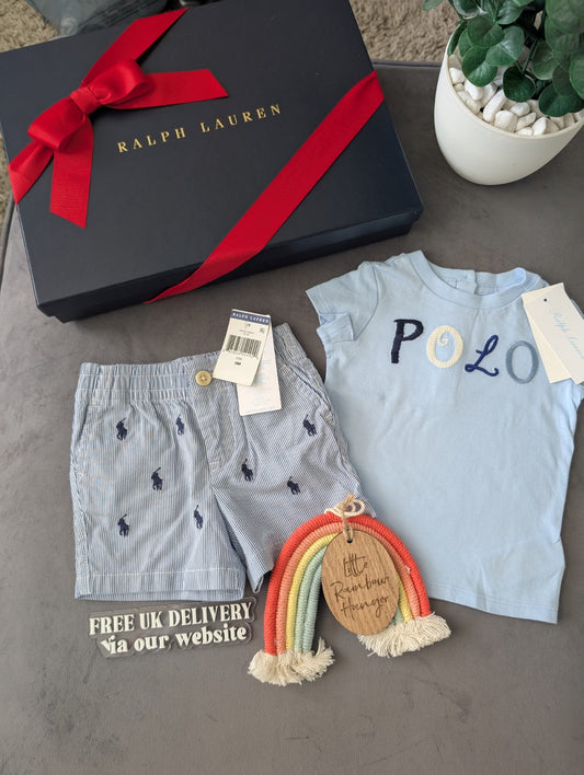 New adorable Ralph Lauren Blue t Shirt + navy blue short Belted 3-6m gift Cute