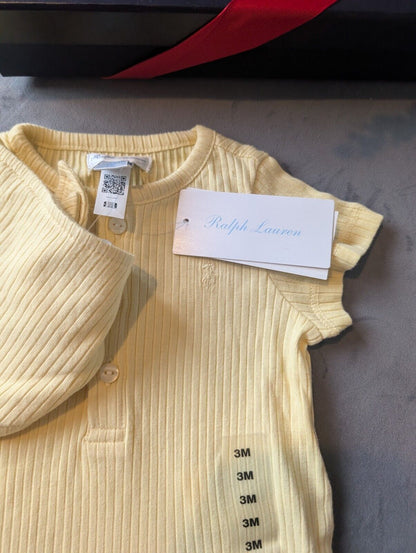 New Ralph Lauren Baby Boy Romper Yellow + Bib Pony Logo Gift New 0-3m  £70