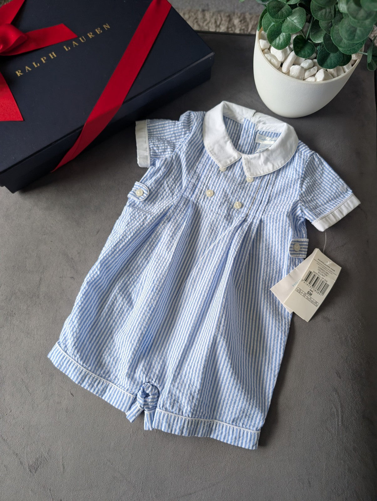 New Ralph Lauren Baby Boy Checked Blue Romper 3-6m Gift Cute Summer Luxury