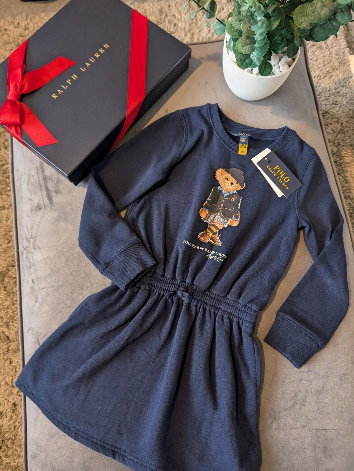 New Ralph Lauren Girls Navy Sweatshirt Dress Bear Lady Pretty Gift 6yrs casual