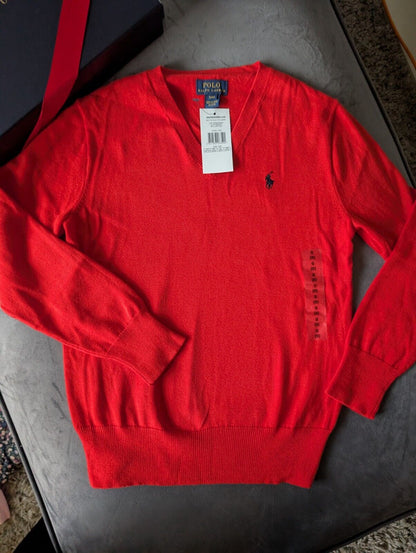 New Ralph Lauren Boys Long Sleeve V Neck Jumper Smart 8 Years Gift Red