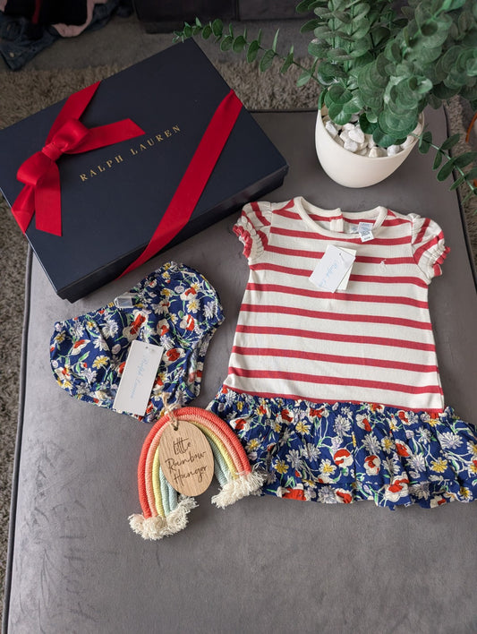 New Ralph Lauren Stripe Floral Baby Girls Frill  Polo Dress 3-6 Months Gift 2pc