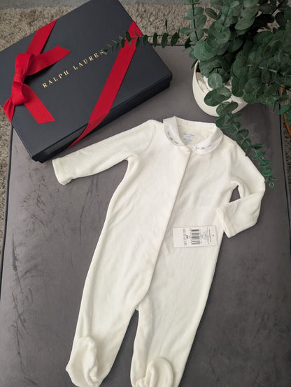 New Ralph Lauren Ivory Velvet Floral Collar Romper All In One Baby Girl Gift 6m