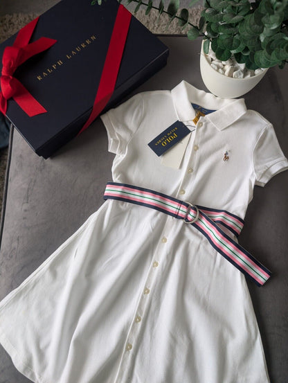 New Girls Polo Ralph Lauren White Polo Dress White Tennis Belted age 6-7yrs Gift