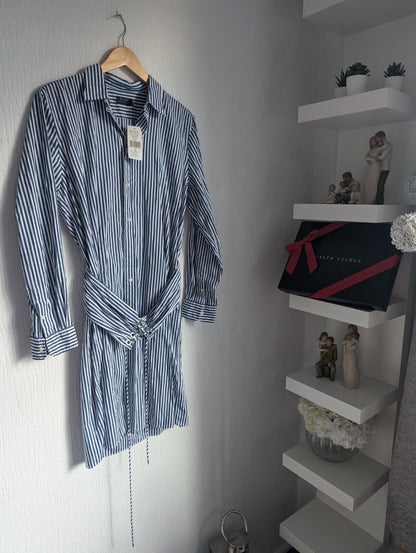 New Polo Ralph Lauren Poplin Shirt Dress Belted Smart UK 14 £175 Blue Stripe