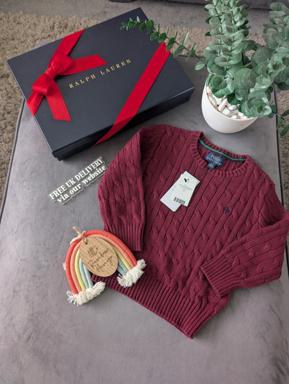 New Boys Ralph Lauren Burgundy Cable knit long sleeve jumper Smart Casual  2-3y