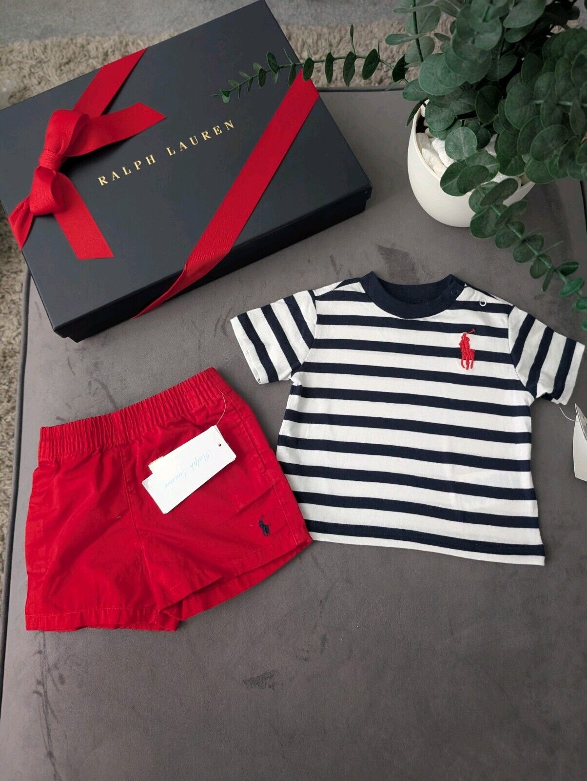 New adorable Ralph Lauren boys Stripe t Shirt + Red short set 3m gift Pony Logo