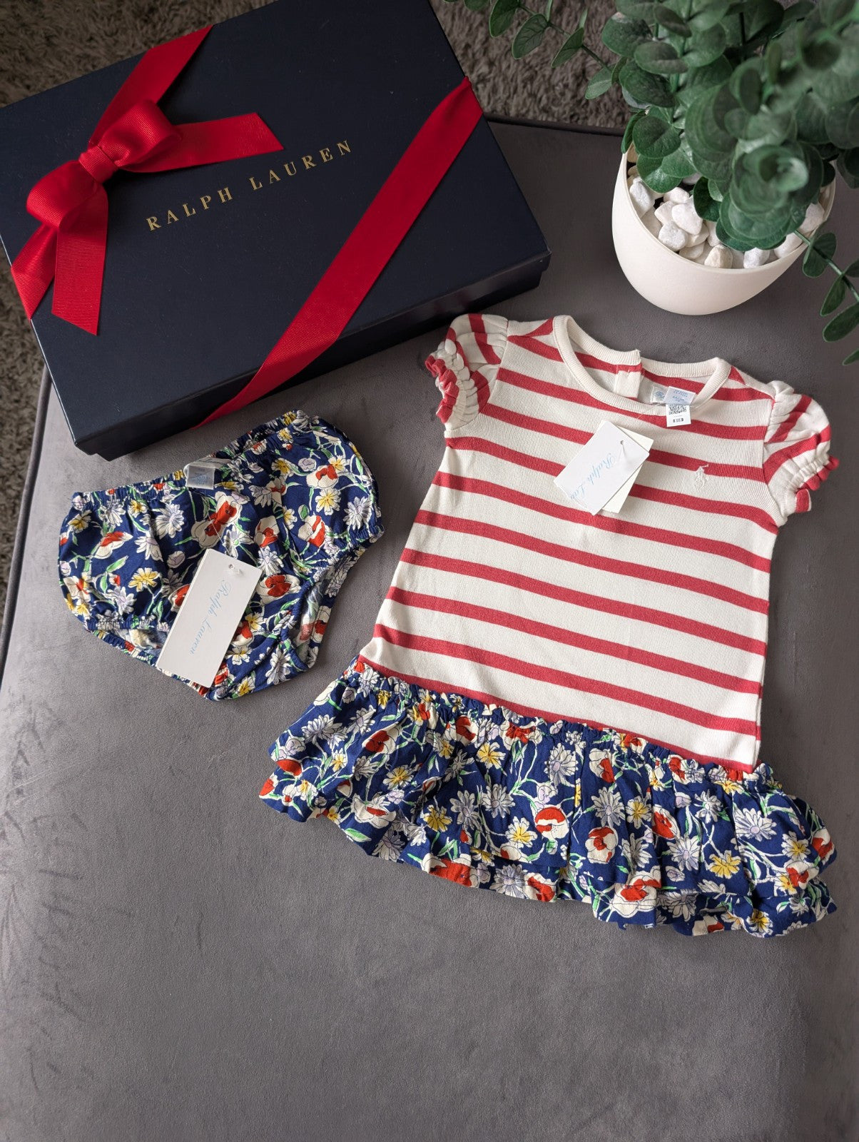 New Ralph Lauren Stripe Floral Baby Girls Frill  Polo Dress 3-6 Months Gift 2pc