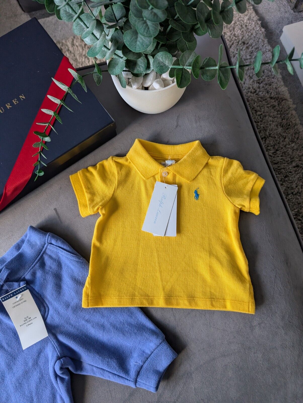 New adorable Ralph Lauren boys Yellow Polo Shirt + blue Jogger set 0-3m Cute