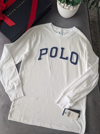 New Ralph Lauren Boys White Smart Pony Logo Ralph T Shirt Long Sleeve 10-12yrs