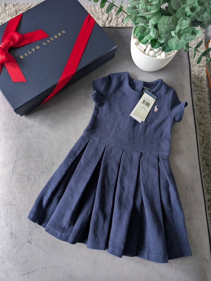 new polo Ralph Lauren French Navy Pleated  dress Girls Age 18m ribbed smart Cute