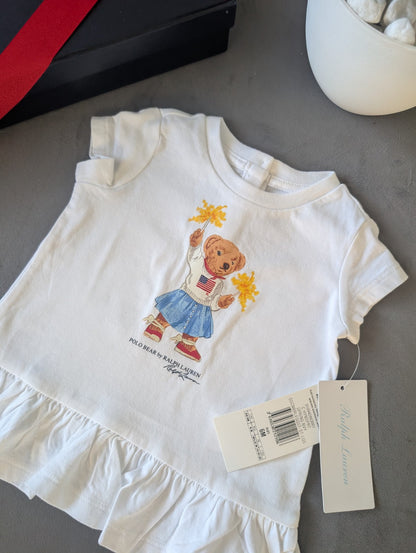 New Cute Gift Ralph Lauren girls White polo bear T-Shirt Bear Peplum Dress 3-6m