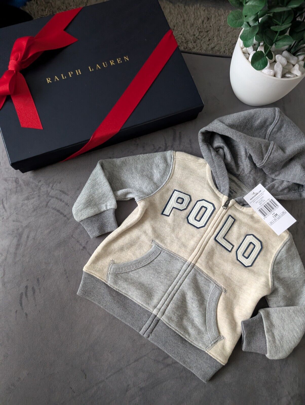 New Ralph Lauren Baby Boys Grey Ivory Hoodie Navy Multi 12m Gift Full Zip