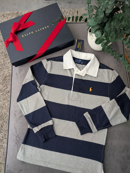 New Ralph Lauren Boys Rugby Style Stripe Long Sleeve Polo Grey Navy  8y Boys