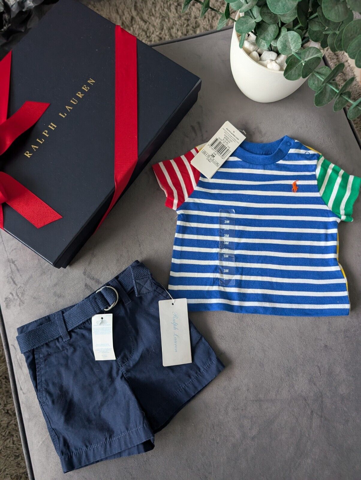 New adorable Ralph Lauren boys Stripe t  shirt + navy blue short set 0-3m gift