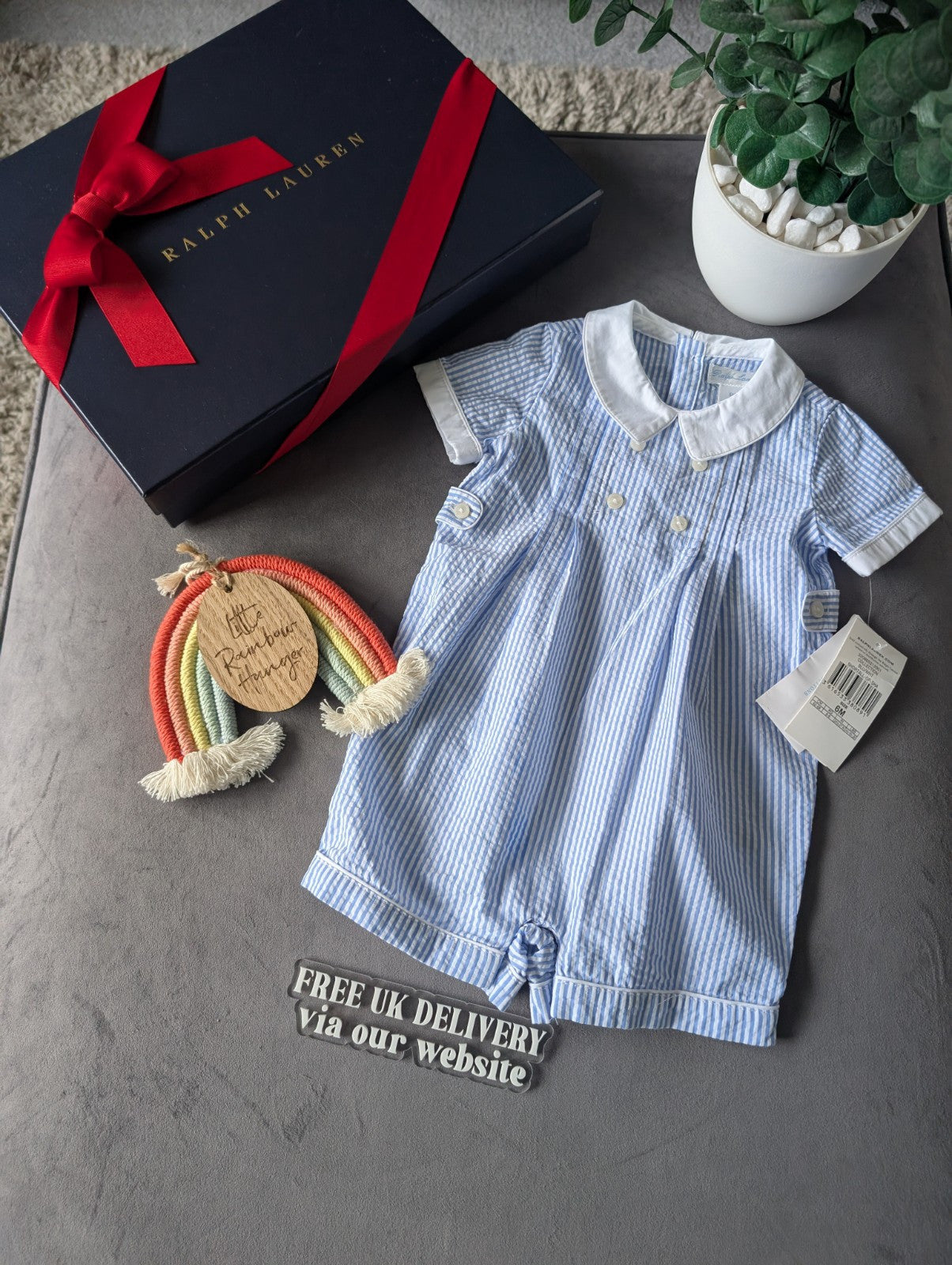 New Ralph Lauren Baby Boy Checked Blue Romper 3-6m Gift Cute Summer Luxury