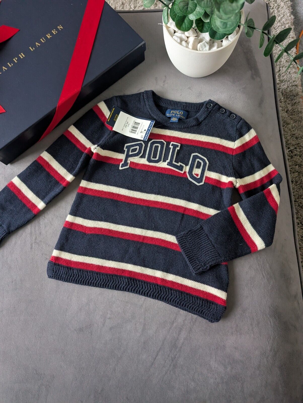 New Ralph Lauren Boys Navy Smart Casual Pullover Stripe Jumper Pony Logo Age 2-3