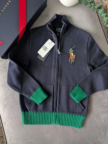 New Ralph Lauren boys big pony full zip knit jacket Navy Green autumn winter 7