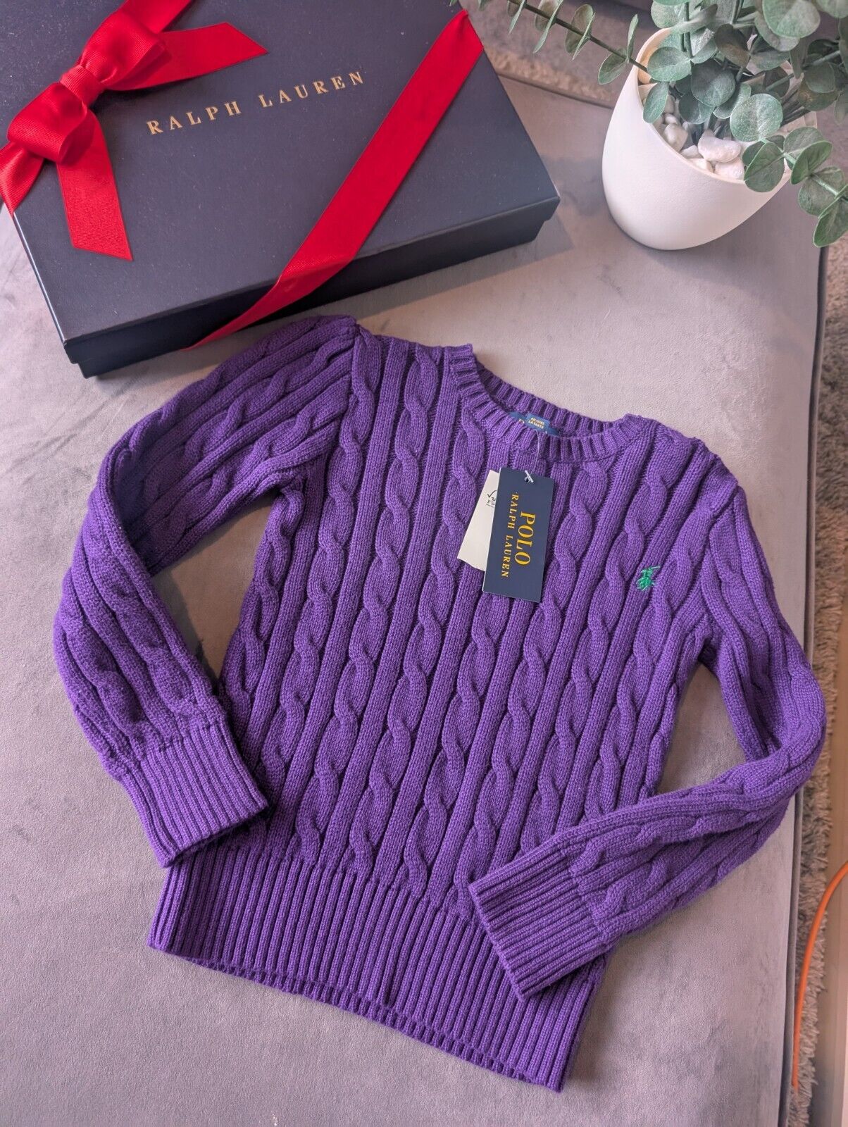 New Polo by Ralph Lauren Cable Knit Jumper Purple Boys 5 Years Gift Winter