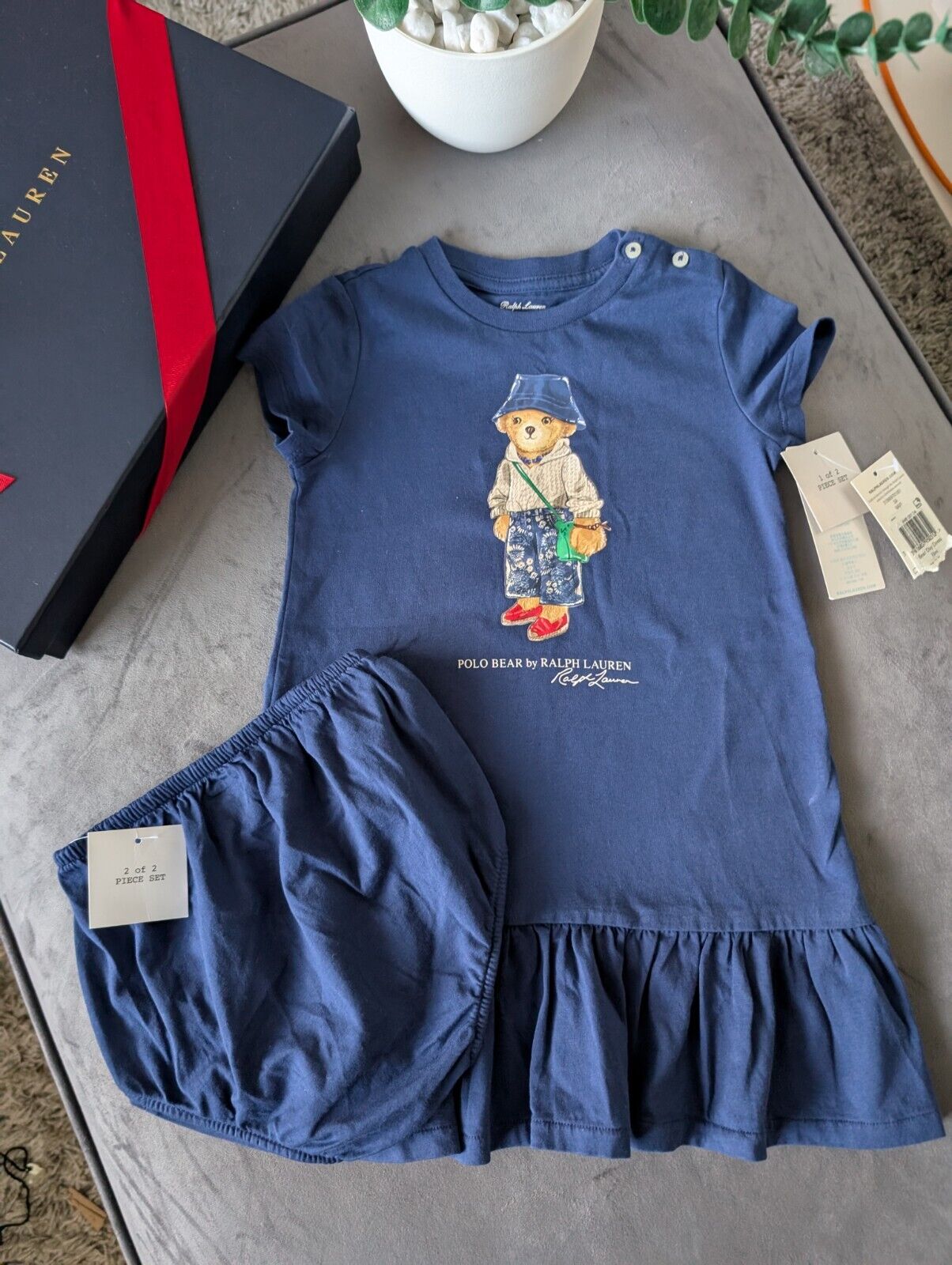 New Gorgeous Ralph Lauren Girls Navy Dress + Bloomers Age 2 Gift Gift Bear