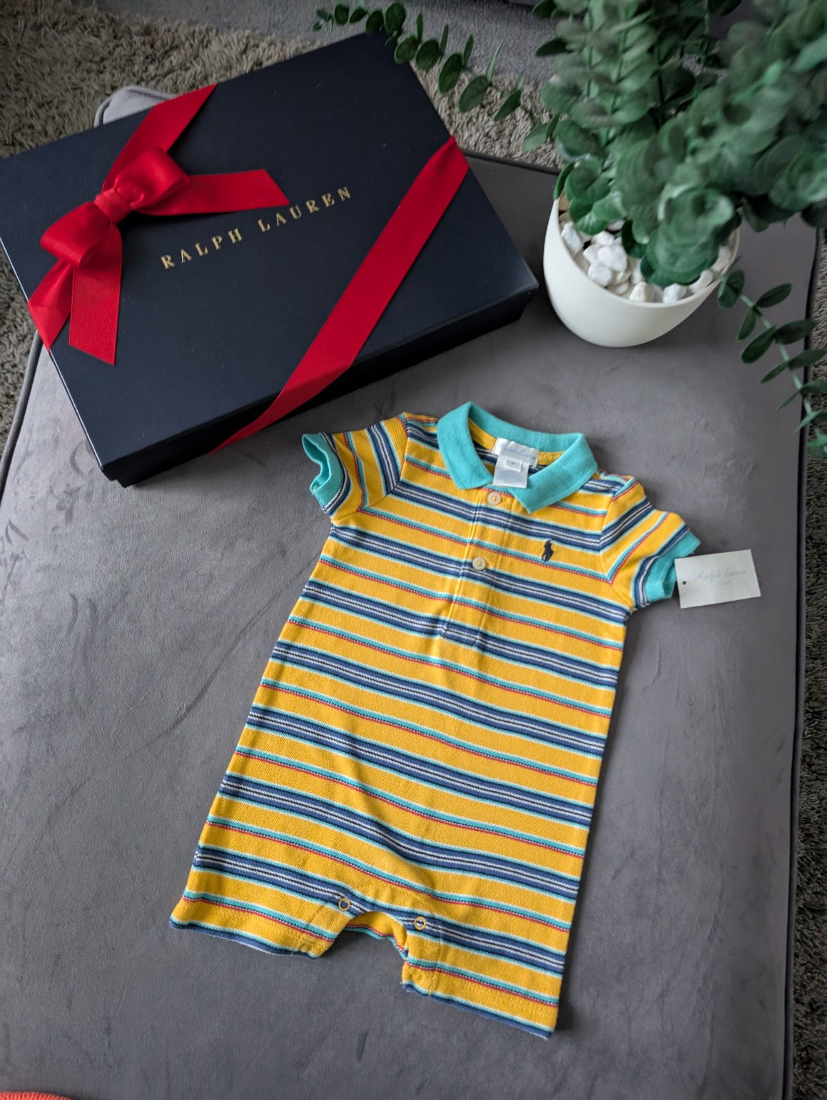 New Ralph Lauren Baby Boy Yellow Blue Smart Romper 0-3m Gift Summer Shortall