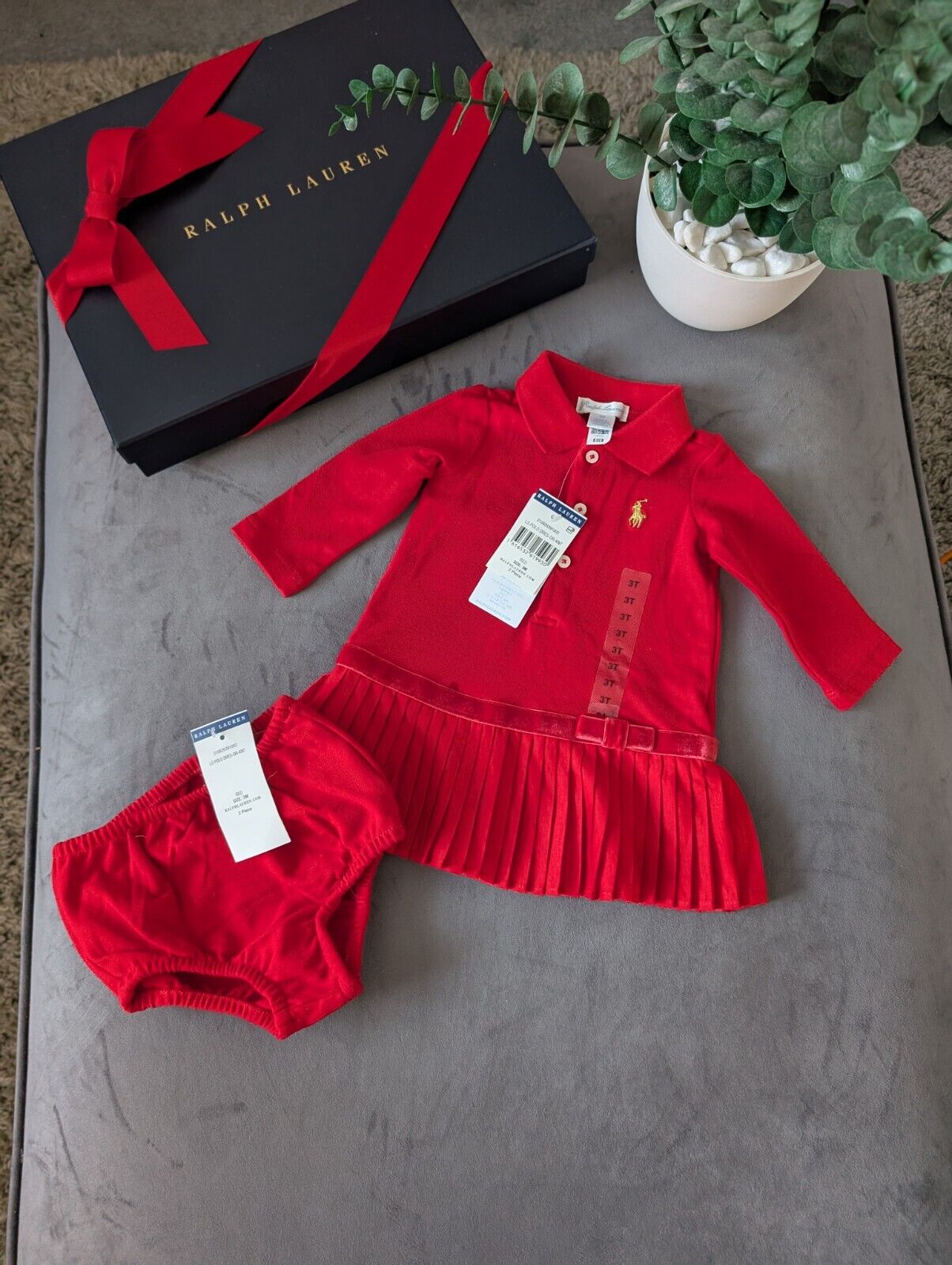 New Ralph Lauren Pleated shirt dress Red Bow 3months Occasion Formal Tennis