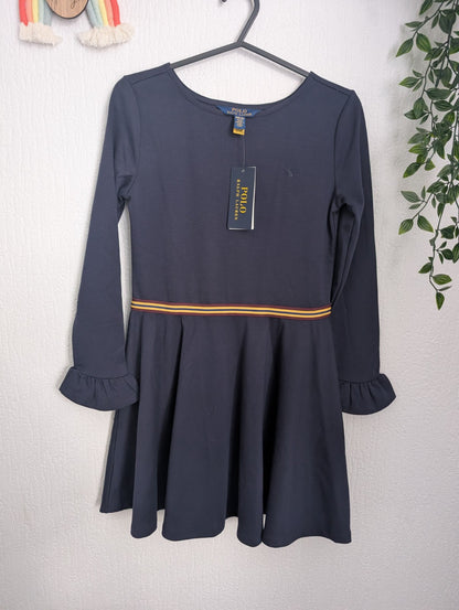 New Stunning Ralph Lauren Girls Ponte Frill Sleeve Navy Dress Belted Gift 8yrs