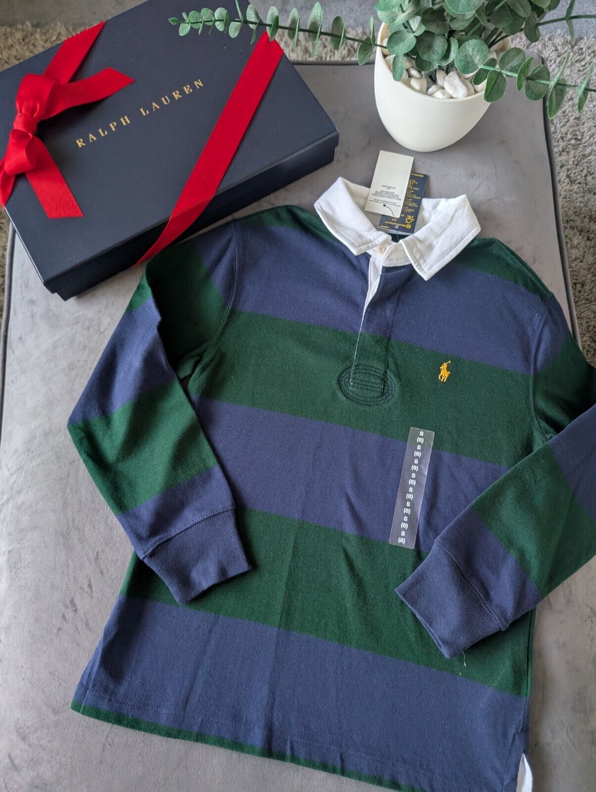 New Ralph Lauren Boys Rugby Style Stripe Long Sleeve Polo Green Navy 8 y Boys