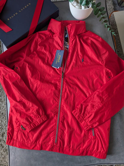 New Ralph Lauren Boys Red Windbreaker Coat Light Hooded Jacket Smart 16yr Casual