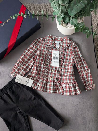 New Ralph Lauren Girls Poplin Plaid Check Shirt Frill + Leggings Set Gift 6-9m