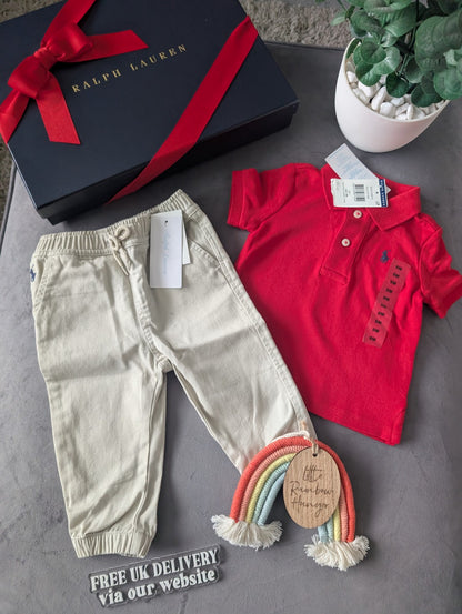 New adorable Ralph Lauren boys Polo Shirt Red  + Chino Trousers Age 6-9m Gift