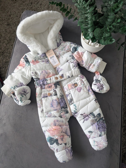 NEW Gorgeous Faux Fur Lined Soft Floral Pink Roses Lipsy Snowsuit/pramsuit 3-6m