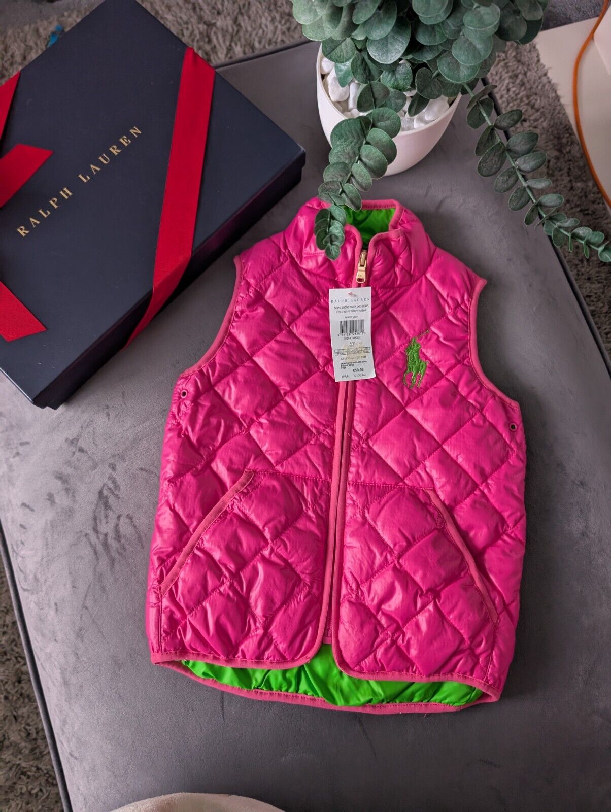 New Ralph Lauren Girls Bright Pink Green Quilted Gilet Bodywarmer Age 5 Gift