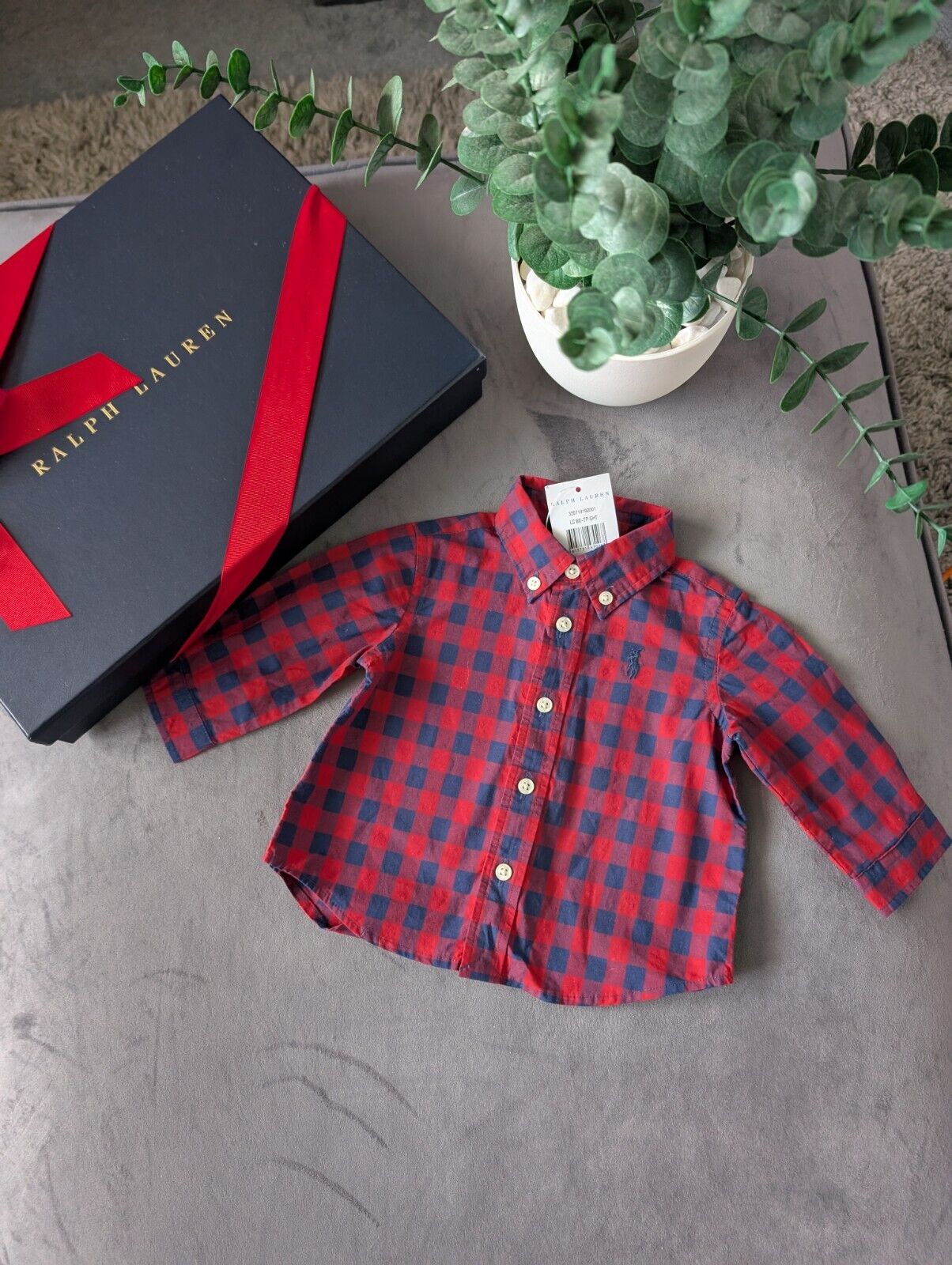 New Ralph Lauren Baby Boy Checked Shirt Smart Occasion Gift Age 3m Red L Sleeve