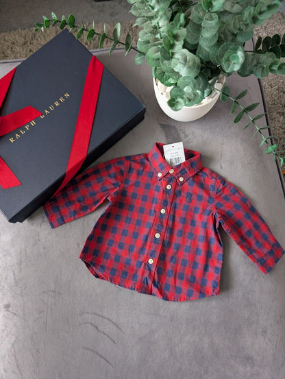 New Ralph Lauren Baby Boy Checked Shirt Smart Occasion Gift Age 3m Red L Sleeve