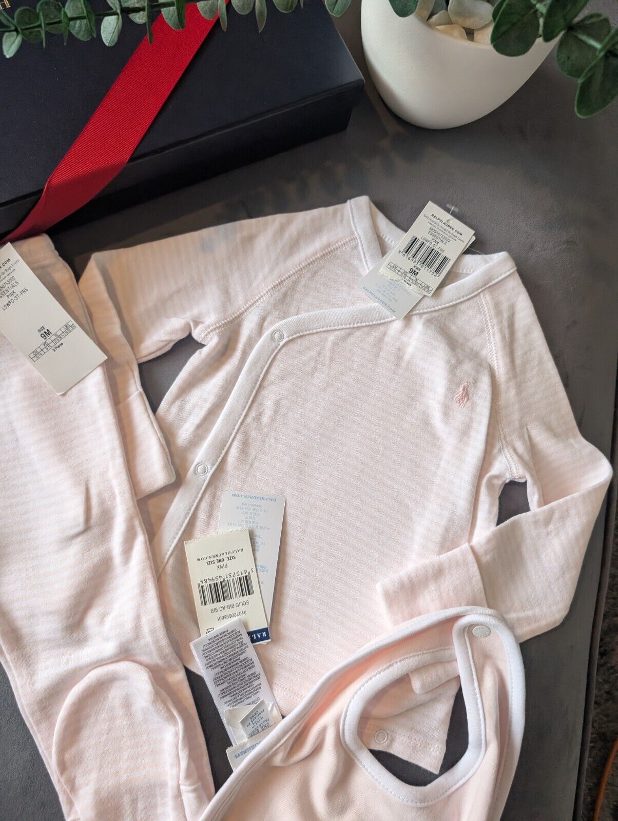 New Ralph Lauren Baby Girl 3 Piece Set Pants Top + Bib Pink Stripe Gift 6-9m