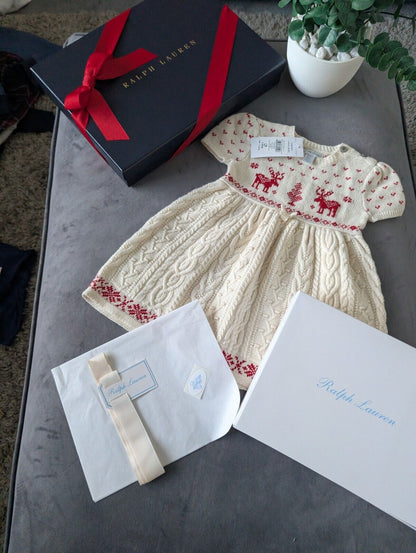 New stunning girls Ralph Lauren Christmas cable knit dress + gift box 9-12m Gift