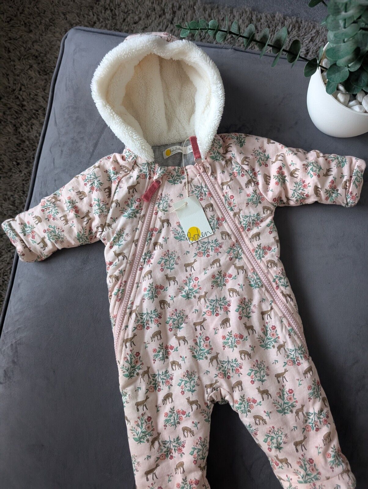 New Boden Baby Girls Snowsuit Sherpa Lined All In One pink Deer 0-3m Gift Cute