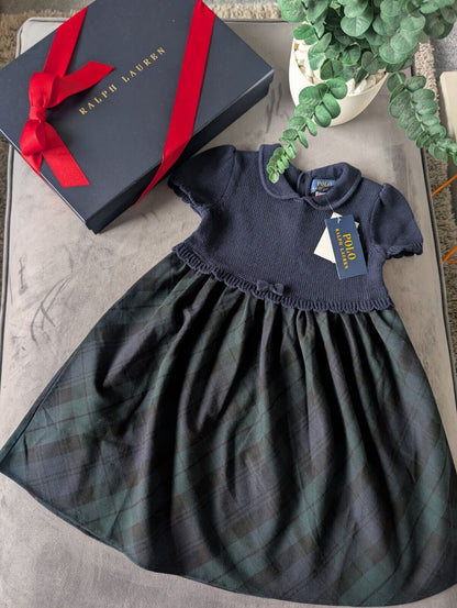 New Ralph Lauren Tartan Plaid Pretty Green Navy Knit Bow Dress Gift 4y Rrp £125