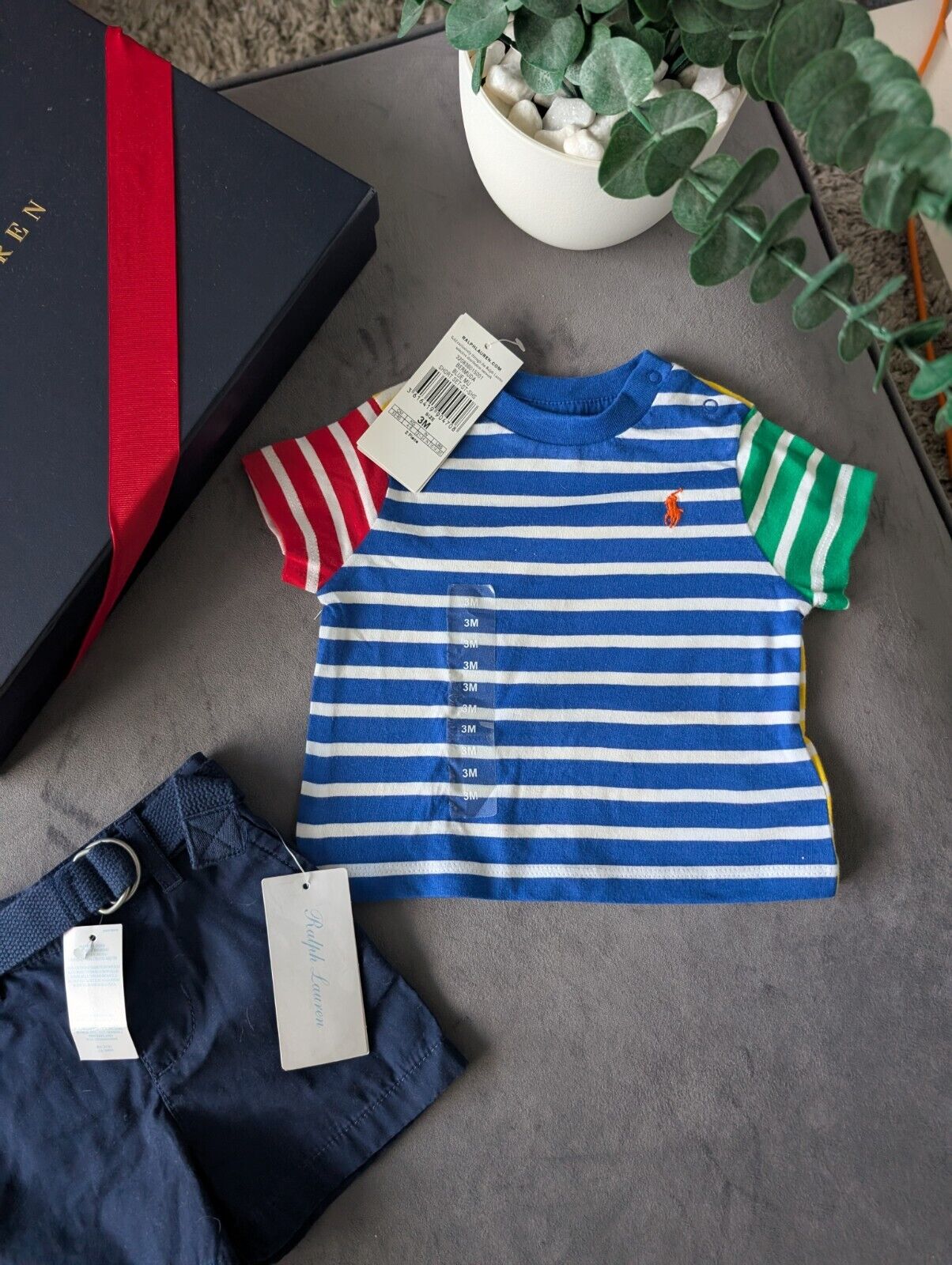 New adorable Ralph Lauren boys Stripe t  shirt + navy blue short set 0-3m gift