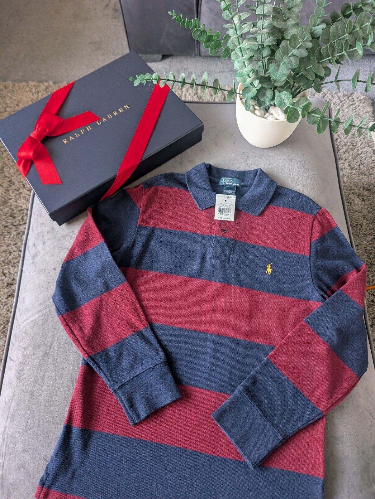 New Ralph Lauren Boys Rugby Style Stripe Long Sleeve Polo Burgundy Navy 10y Boys