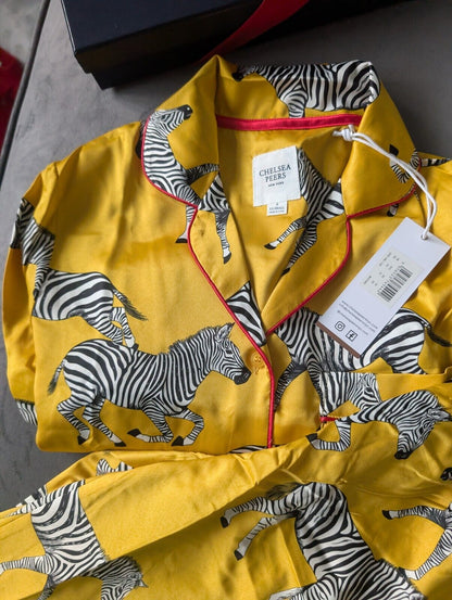 New Chelsea Peers Jacquard Yellow Zebra Print Long Sleeve Pyjama Set Size 6 Xxs