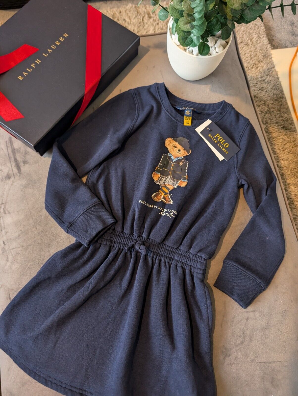 New Ralph Lauren Girls Navy Sweatshirt Dress Bear Lady Pretty Gift 6yrs casual