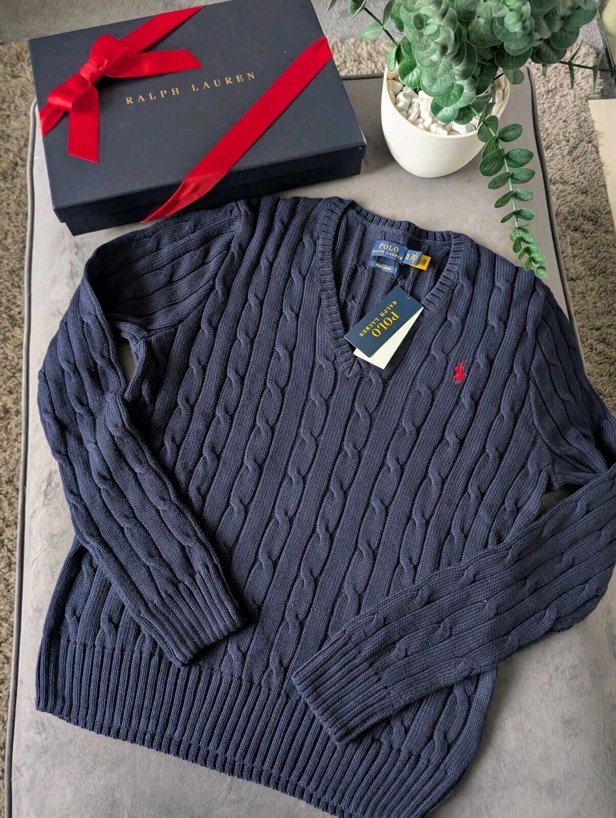 New Ladies Polo Ralph Lauren Blue V Neck Cable Knit Jumper XL Genuine Navy Gift