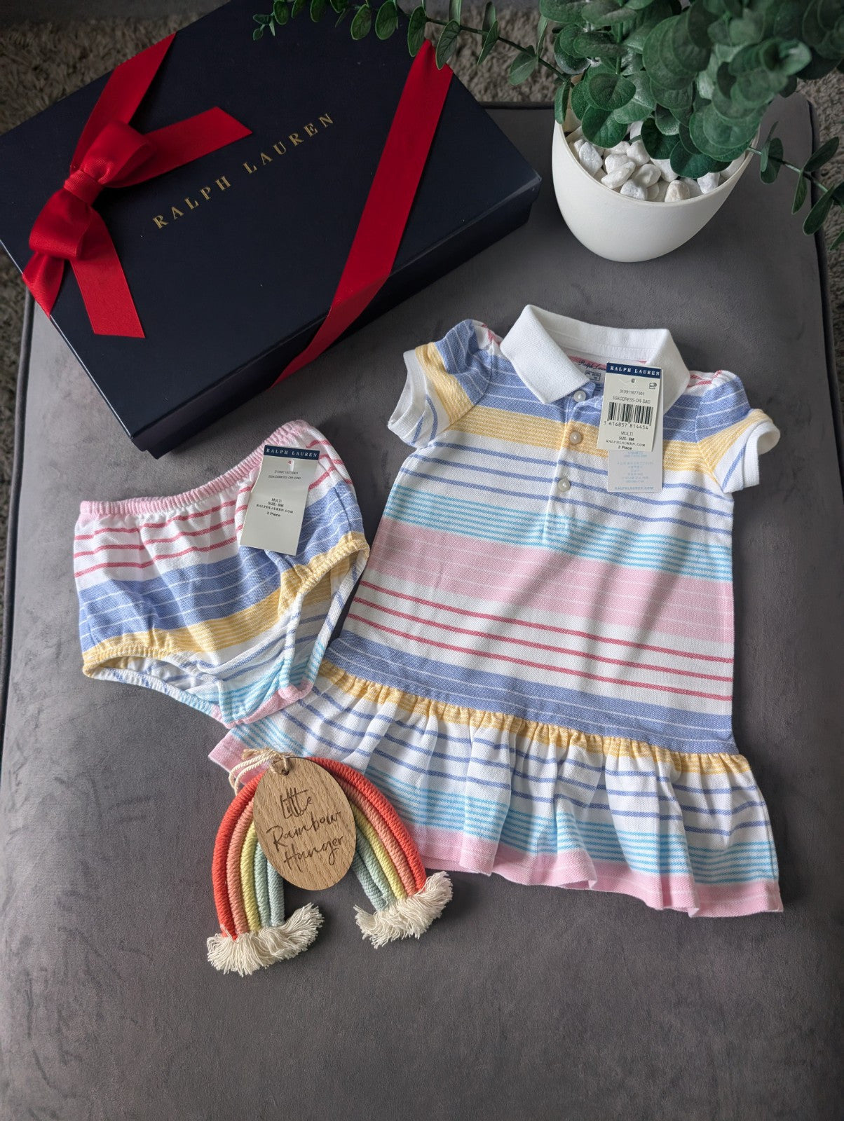 New Ralph Lauren baby girls pink white stripe frill Multi Dress gift 3-6m pretty